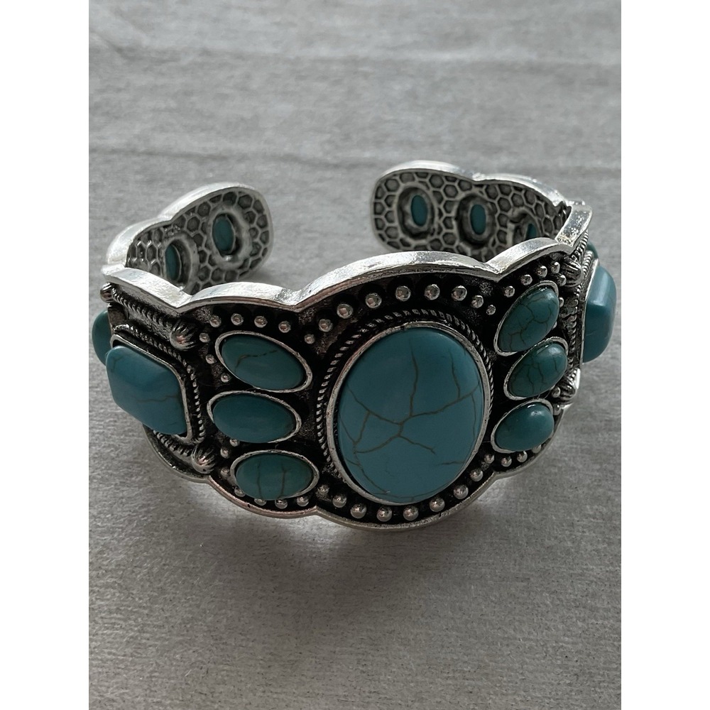 Silver Tone Cuff Bangle Bracelet Faux Turquoise Heavy Chunky Estate Jewelry